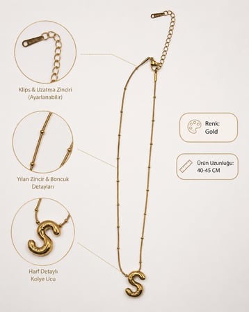 Gold S Harf Detaylı Ayarlanabilir Zincir Kolye 40-45 CM
