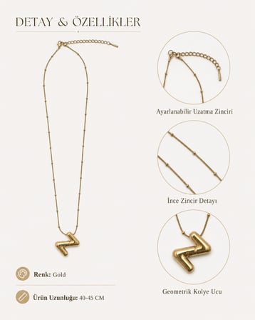 Gold Geometrik Z Harf Detaylı Ayarlanabilir Zincir Kolye 40-45 CM