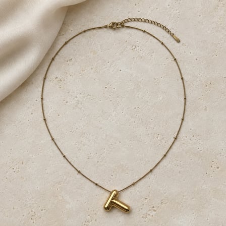 Gold T Harfli Boncuk Detaylı Minimal Kolye 40-45 cm Ayarlanabilir Zincir