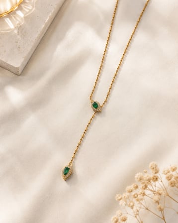 Gold Yeşil Taşlı Sallantılı Y Model Kolye 40-45 CM 316L Paslanmaz Çelik