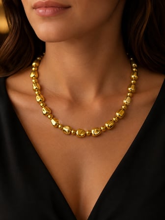 Kadın Gold Renk Çakıl Taşı Formlu İri Boncuklu 40-45 cm Uzatma Zincirli Kolye  Paslanmaz Çelik Kolye