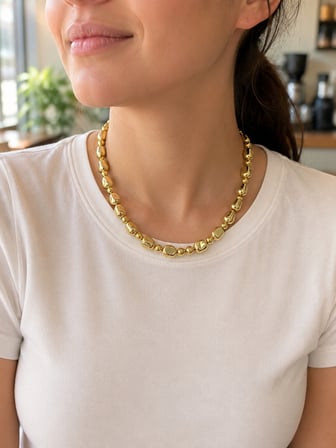 Kadın Gold Renk Çakıl Taşı Formlu İri Boncuklu 40-45 cm Uzatma Zincirli Kolye  Paslanmaz Çelik Kolye