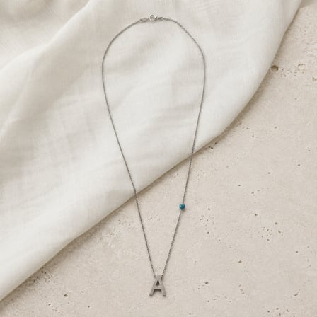 A Harf Uçlu Turkuaz Boncuk Detaylı Gümüş Renk 40-45 cm Minimal Kolye 316L   Paslanmaz Çelik Kolye