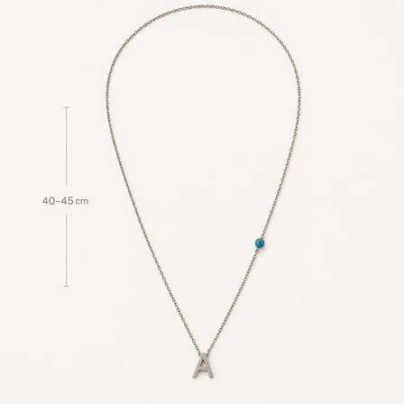 A Harf Uçlu Turkuaz Boncuk Detaylı Gümüş Renk 40-45 cm Minimal Kolye 316L   Paslanmaz Çelik Kolye