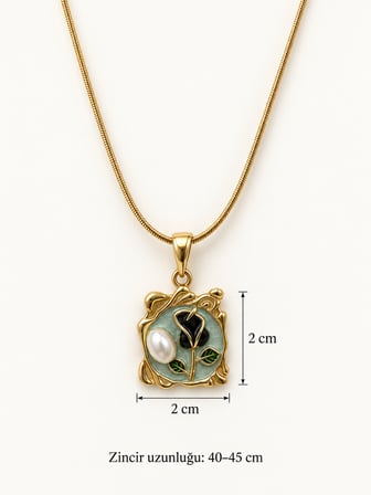 Altın Renk İnci Detaylı Siyah Çiçek Motifli Kadın Kolye 316L Paslanmaz Çelik 40+5cm