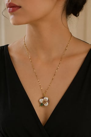 Kadın 316L Paslanmaz Çelik Gold Renk Sedef Çiçek ve Yeşil Yaprak Detaylı Kolye  40+5cm