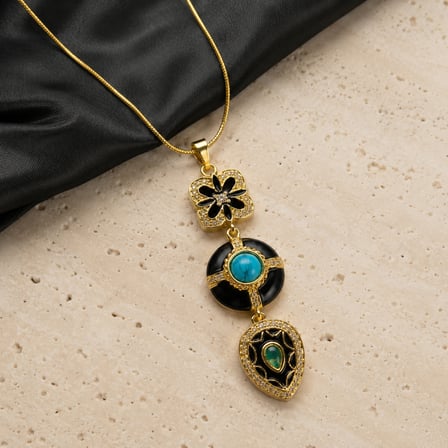 Kadın 316L Paslanmaz Çelik Altın Renk Siyah Turkuaz Taşlı Y Chakra- Motif Kolye 45+5 cm
