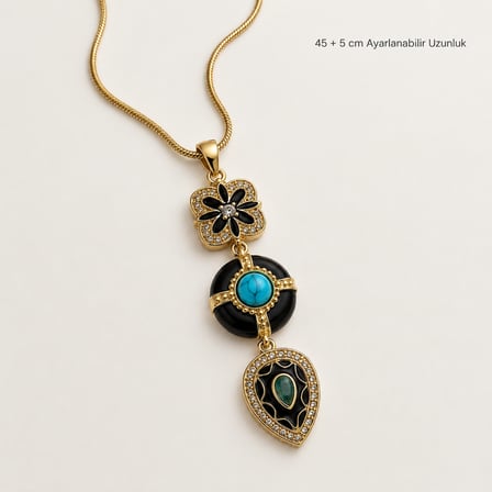 Kadın 316L Paslanmaz Çelik Altın Renk Siyah Turkuaz Taşlı Y Chakra- Motif Kolye 45+5 cm
