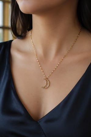 316L Paslanmaz Çelik Gold Renk Zirkon Taşlı Ay Yıldız Kadın Kolye 40+5 cm