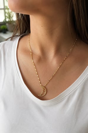 316L Paslanmaz Çelik Gold Renk Zirkon Taşlı Ay Yıldız Kadın Kolye 40+5 cm