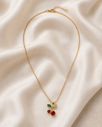 Kadın 316L Paslanmaz Çelik Altın Renk Kırmızı Taşlı Kirazlı Kadın / Çocuk Kolye 40+5 cm