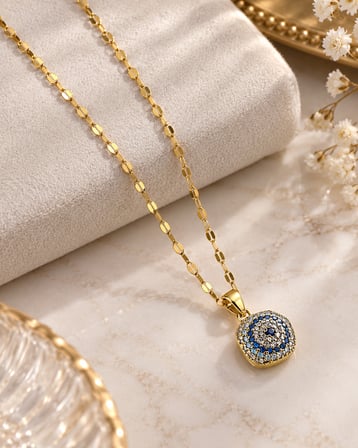Mira Nazar Göz Taşlı Gold Kadın Kolye 14K Renginde – 316L Paslanmaz Çelik, 40+5 cm