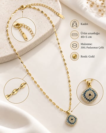 Mira Nazar Göz Taşlı Gold Kadın Kolye 14K Renginde – 316L Paslanmaz Çelik, 40+5 cm