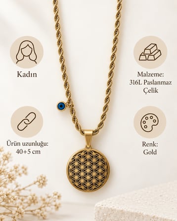 Gold Yaşam Çiçeği Kolye Kuyum Model Burma Zincir – Nazar Boncuk Detaylı 316L Paslanmaz Çelik Kadın Kolye 40+5 cm