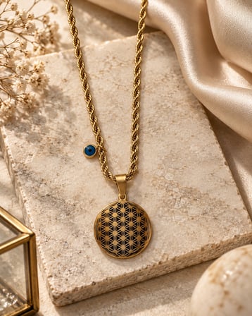 Gold Yaşam Çiçeği Kolye Kuyum Model Burma Zincir – Nazar Boncuk Detaylı 316L Paslanmaz Çelik Kadın Kolye 40+5 cm