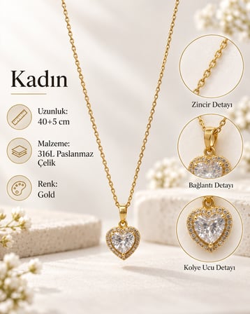 Aşk Işıltısı Pandra Gold Kalp Taşlı Kadın Kolye – 316L Paslanmaz Çelik 40+5 cm