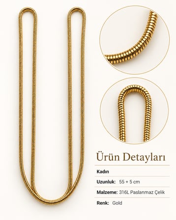 Gold Renk 316L Paslanmaz Çelik Kadın-Erkek Unisex Yılan Zincir Kolye – 55+5 cm Şık ve Modern Tasarım