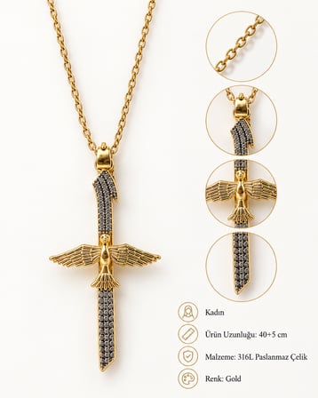 Elif - Anka Gold Kadın Kolye – 316L Çelik, Taş Detaylı, 40+5 cm