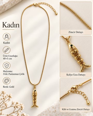 Ocean Charm Gold Balık Kolye – 316L Paslanmaz Çelik Kadın Kolyesi, 40+5 cm