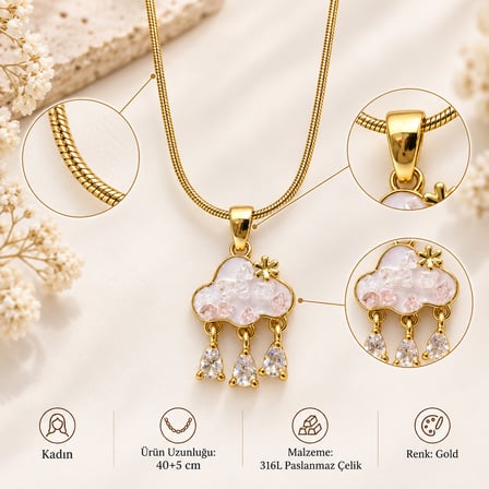  Yağmur Damlalı Bulut Kolye – Gold 316L Paslanmaz Çelik Kadın Kolye