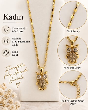 Luna Işıltılı Baykuş Kadın Gold Kolye – Taşlı 316L Paslanmaz Çelik 40+5 cm