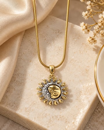 Mystic Sun Moon Kadın Kolye – Gold 316L Paslanmaz Çelik, Taş Detaylı Güneş Ay Tasarım, 40+5 cm