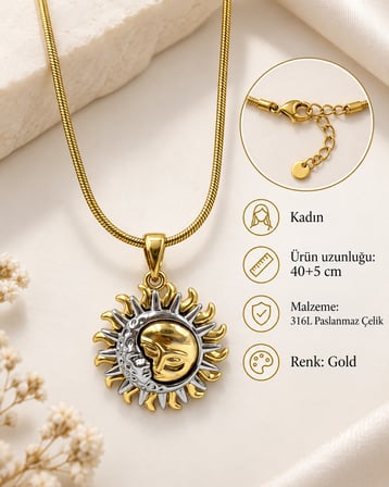 Mystic Sun Moon Kadın Kolye – Gold 316L Paslanmaz Çelik, Taş Detaylı Güneş Ay Tasarım, 40+5 cm