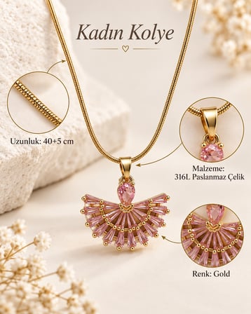 Pink Fan Zarif Yelpaze Kolye – Pembe Taşlı Gold 316L Çelik Kadın Kolye 40+5 cm