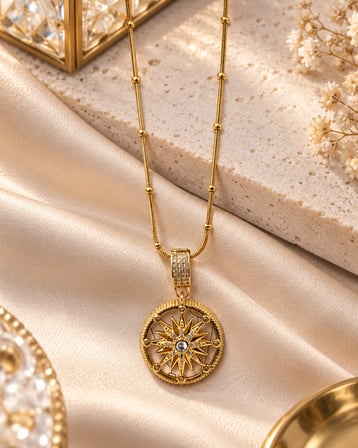Kadın Gold Pusula Yıldızı Kolye – Taşlı Güneş Model 316L Paslanmaz Çelik, 40+5 cm Ayarlanabilir Zincir