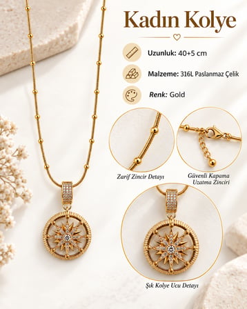 Kadın Gold Pusula Yıldızı Kolye – Taşlı Güneş Model 316L Paslanmaz Çelik, 40+5 cm Ayarlanabilir Zincir
