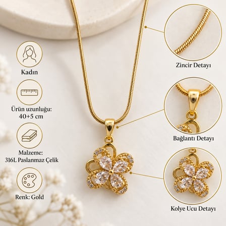 Liora Işıltılı Çiçek Kadın Kolye – Gold 316L Paslanmaz Çelik Taşlı Kolye 40+5 cm