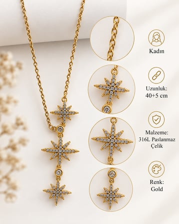 Işıltılı Üçlü Yıldız Taşlı Kadın Kolye – Gold 316L Paslanmaz Çelik 40+5 cm