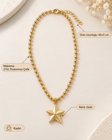 Golden Star Stella Gold Yıldız Kolye – 316L Paslanmaz Çelik Kadın Takı 40+5 cm