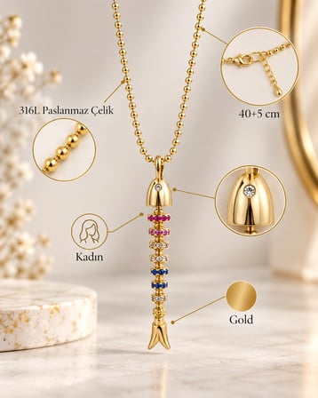 Marina Renkli Taşlı Balık Kılçığı  Gold Kadın Kolye – 316L Paslanmaz Çelik, 40+5 cm