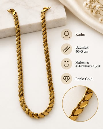 Luna Gold Yaprak Form Arpa Zincir Kadın Kolye – 316L Paslanmaz Çelik, 40+5 cm
