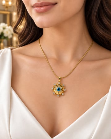 Aura Sun Eye Gold Güneş ve Nazar Gözlü Kadın Kolye – 316L Çelik