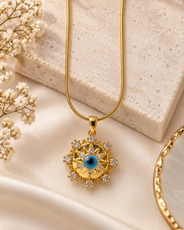 Aura Sun Eye Gold Güneş ve Nazar Gözlü Kadın Kolye – 316L Çelik