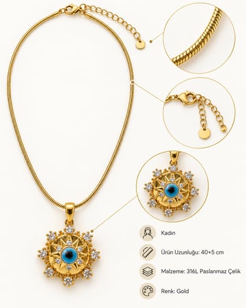 Aura Sun Eye Gold Güneş ve Nazar Gözlü Kadın Kolye – 316L Çelik