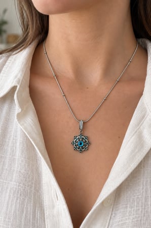 Nazar Boncuklu Mandala Motifli Taş Detaylı Gümüş Renk 316L Paslanmaz Çelik Kolye 40+5 cm