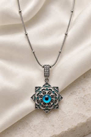 Nazar Boncuklu Mandala Motifli Taş Detaylı Gümüş Renk 316L Paslanmaz Çelik Kolye 40+5 cm
