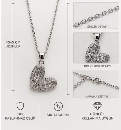 Kadın Taşlı Kalp Figürlü 316L Paslanmaz Çelik Gümüş Renk Kolye 40+5 cm