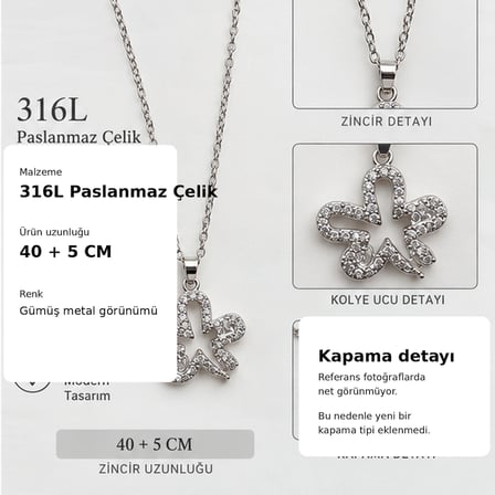 316L Paslanmaz Çelik Taşlı Çiçek Figürlü Kadın Kolye – Gümüş Renk 40+5 cm