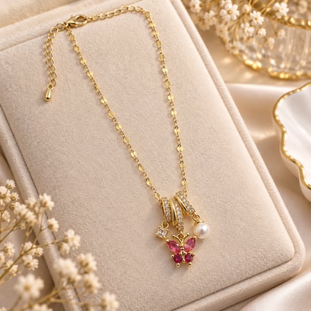 Luna Butterfly Pembe Kelebek & İnci Detaylı 316L Paslanmaz Çelik 14K Renginde Kadın Kolye – 40+5 cm