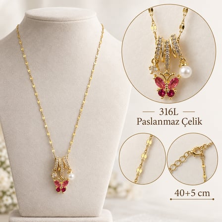 Luna Butterfly Pembe Kelebek & İnci Detaylı 316L Paslanmaz Çelik 14K Renginde Kadın Kolye – 40+5 cm