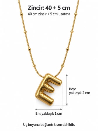 E Harfli - Harf Kolye - Balon Kolye Gold Renk Boncuk Detaylı Zincir 40+5 cm 316L Paslanmaz Çelik