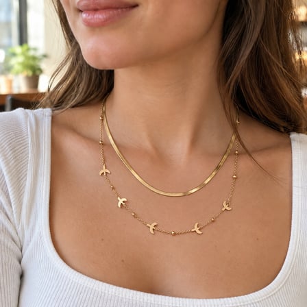 Kuş Figürlü Özgürlük Temalı Freedom İkili Kombin Çift Kadın Gold Renk Kolye 45-50 cm – 316L Paslanmaz Çelik
