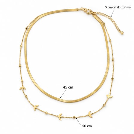 Kuş Figürlü Özgürlük Temalı Freedom İkili Kombin Çift Kadın Gold Renk Kolye 45-50 cm – 316L Paslanmaz Çelik