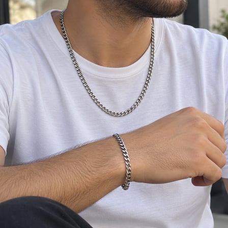 Erkek Gümüş Renk Gurmet Zincir Kolye ve Bileklik Seti 50 cm - 316L Paslanmaz Çelik