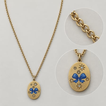 Mavi Fiyonk ve Yıldız Desenli Oval Madalyon Gold Renk Kadın Kolye 316L Paslanmaz Çelik