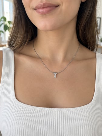 Zirkon Taşlı T Harfi Kolye Gümüş Renk 40+5 cm Ayarlanabilir Kadın Kolye 316L Paslanmaz Çelik